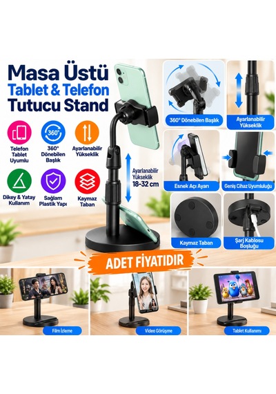 Masa Üstü Tablet Ve Telefon Tutucu Plastik Aparat Siyah Telefon Standı Adet  Diğer