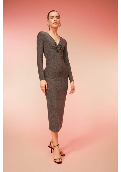 Defacto Bodycon Basic Düz Vücudu Saran V Yaka Payetli Kumaş Midi Uzun Kollu Elbise B4699AX23WNGR452