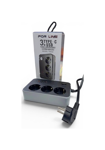 Forline 3 Soketli Type-c + 2 Usb Girişli 2metre Kablolu Akım Korumalı Grup Priz 2 M