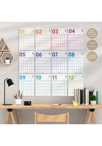 2027 Aylık Planlayıcı Duvar Takvimi, 33x48 Cm & A4 Poster Takvim, Organizer Takvim, Gökkuşağı Renkle Çok Renkli