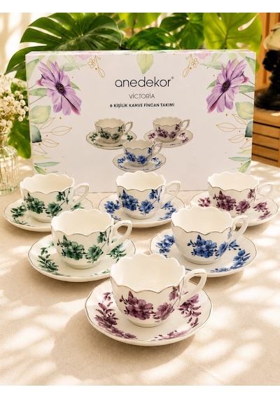 6 Kişilik Porselen Leaf Elegance Victoria Kahve Fincanı-7202 Çok Renkli