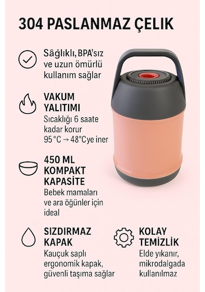 Pembe 304 Çelik 450 Ml Vakumlu Bebek Mama Yemek Saklama Termosu Cin297pm