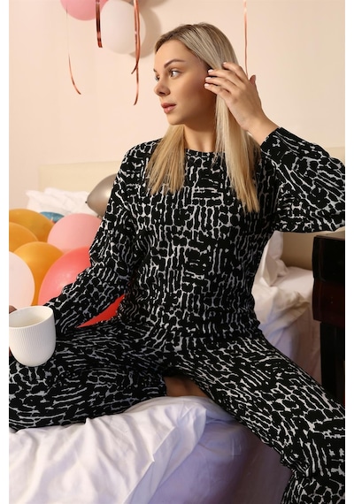 Akbeniz Kadın Uzun Kol 3 İplik Penye Pijama Takım 4180 - L Siyah