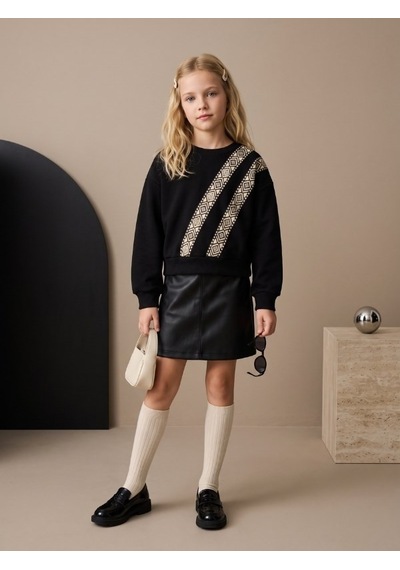 Zekids Kız Çocuk Siyah Etnik Desenli Şerit Detaylı Sweatshirt-17447