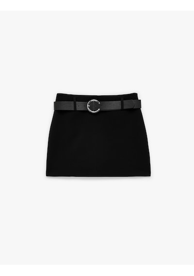 Koton Slim Fit A Kesim Kemerli Şortlu Mini Etek Siyah 6sak70134pw