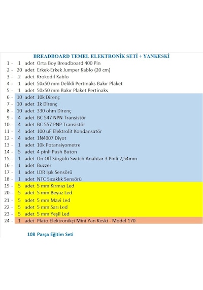 Breadboard Temel Elektronik Seti + Plato Yankeski