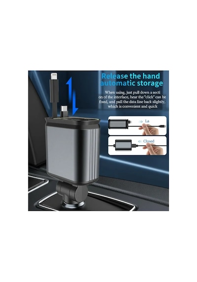Kargo 4 Ü 1 Arada Araç Çakmaklık Şarj Cihazı 66w Type-c Hızlı Şarj Çift Usb Telefon Şarj Geri Çekilebilir