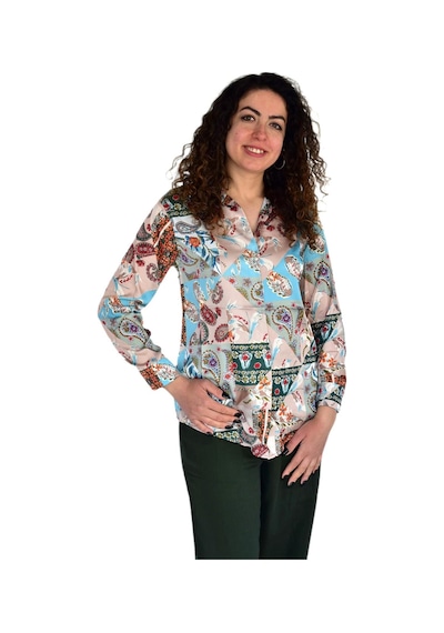 Kadın Saten Baskıkılı Desen Uzun Kol Gömlek Bgl-st04214 Yeşil
