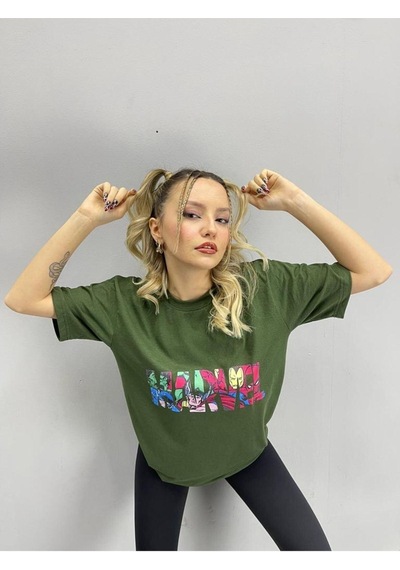 Flood Of Style Kadın Haki Marvel Baskılı Oversize Bisiklet Yaka Tshirt