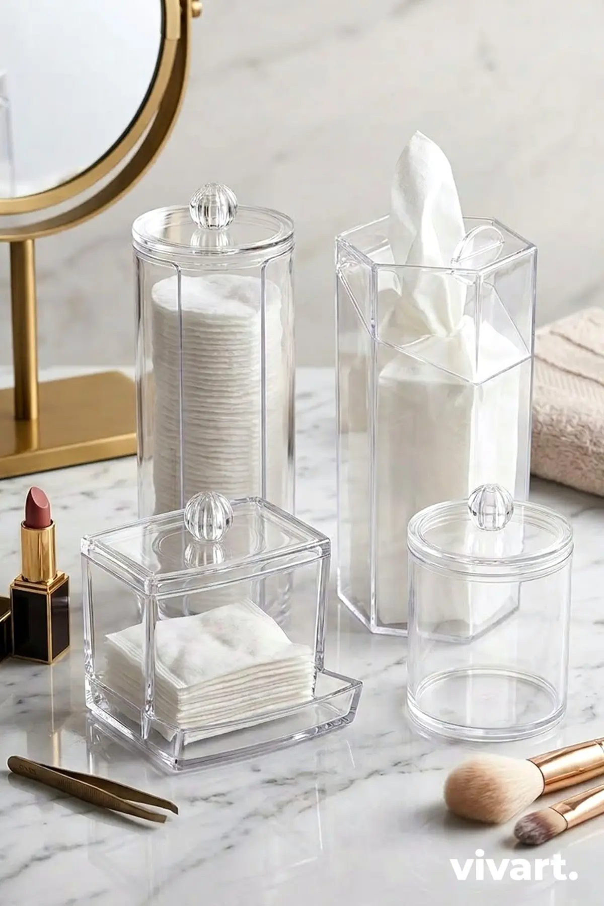 Makyaj Temizleme Düzenleyici Kapaklı Fırçalık Organizer Set Pamukluk Çubuklu Pamukluk - 4'lü Set Şeffaf