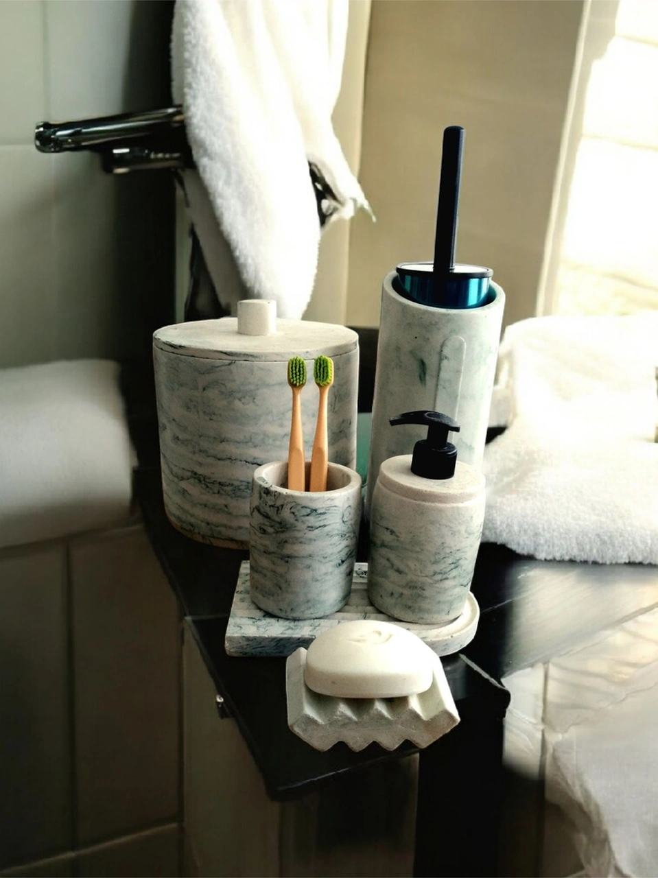 Yeşil Mermer Desen Beton Banyo Seti,çöp Kovasi,fırçalık,katı,sıvı Sabunluk,diş Fırçalık,mumluk Yeşil