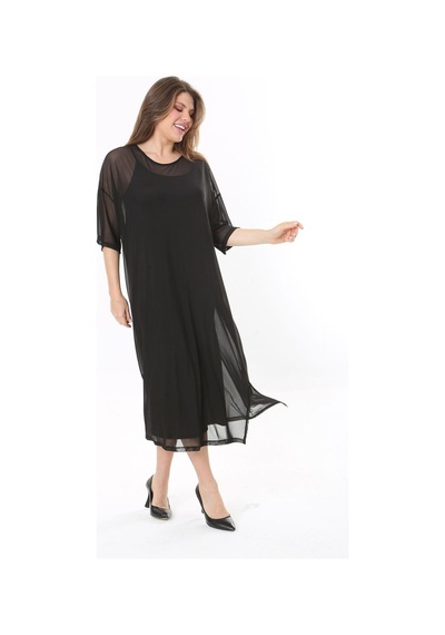 Şans Kadın Büyük Beden Siyah İçi Askılı İki Parça Tül Elbise 65n37774-siyah Siyah