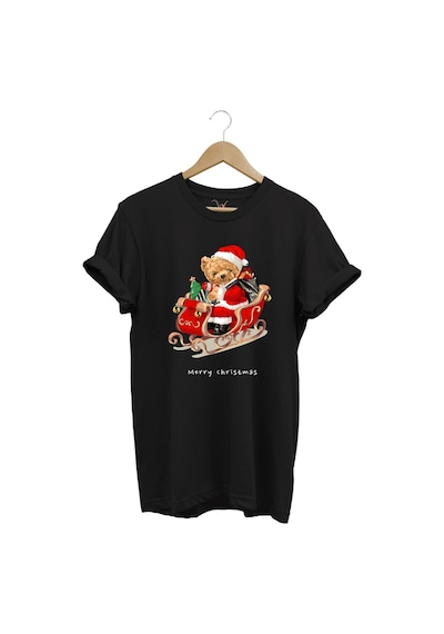 Christmas Baskılı Sevimli Ayıcık Yılbaşı Noel %100 Pamuk Regular Fit Bisiklet Yaka Siyah T-shirt Siyah