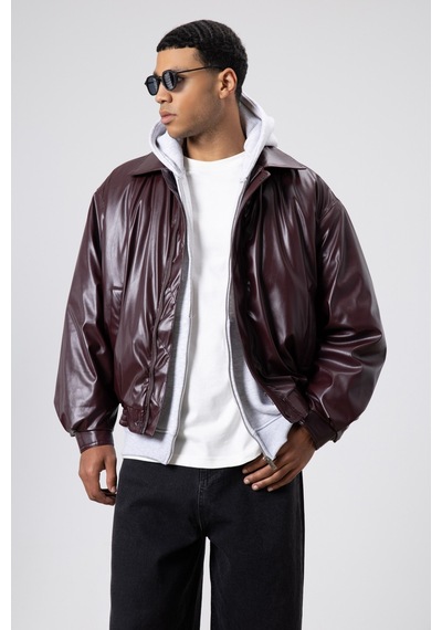 Vamos Basıc Suni Deri Oversize Ceket Bordo