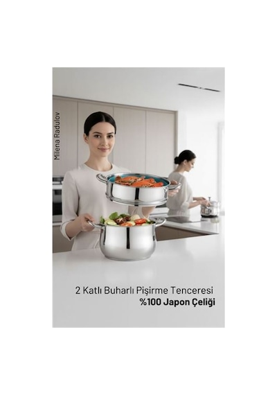 2 Katlı Japon Çeliği Buharlı Pişirme Tenceresi - Sağlıklı Yemek Sanatı Siyah