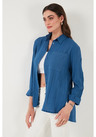 Lela Regular Fit Tek Cepli Önü Kısa Arkası Uzun Krinkıl Bayan Gömlek 6772752 Indigo