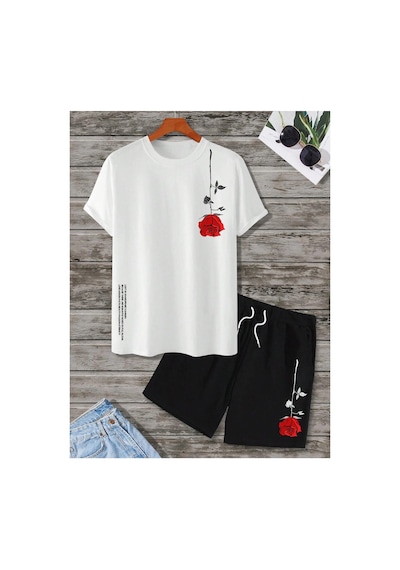 Manfinity Homme 2 Adet/takım Erkek Çiçek Desenli Tişört Ve Şort Takımı Siyah