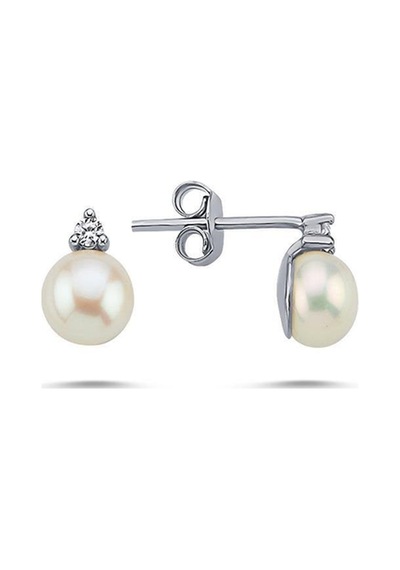 8,5 Mm Doğal İncili 1,52 Karat Pırlantalı Küpe Beyaz Gümüş