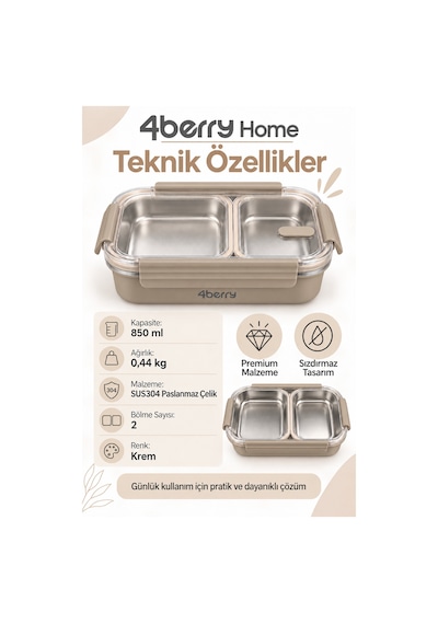 2 Bölmeli Termos Yemek Kabı 850 Ml, Paslanmaz Çelik, Sızdırmaz Kilitli, Şeffaf Kapaklı, Kahverengi