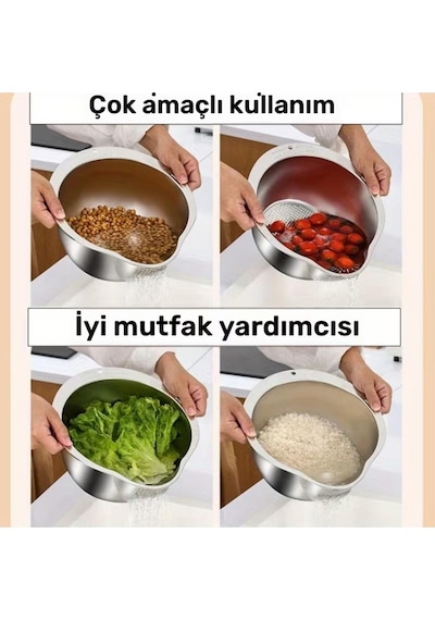 Paslanmaz Çelik Makarna Pirinç Sebze Meyve Yıkama Süzgeci 25x27x11 Cm Karışık