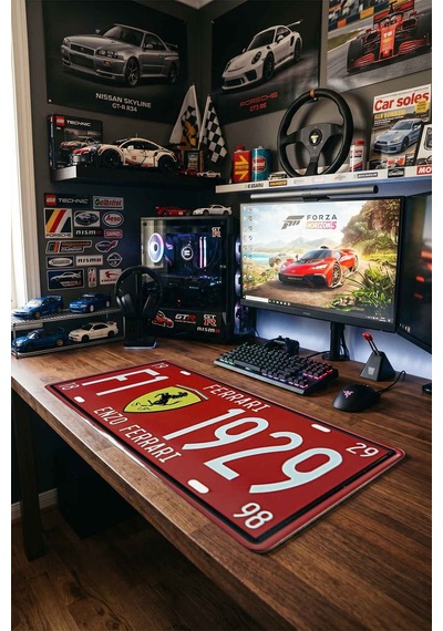Ferrari F1 1929 Plaka Tasarımı 40x90 Cm Oyuncu Mousepad Kaymaz Taban Büyük Boy Siyah