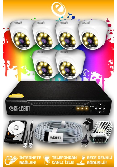 Elitcam 6 Kameralı Dome 6 İç Kamera Set 320 GB HDD Full HD Renkli Gece Görüşlü Güvenlik Kamerası Sistemi