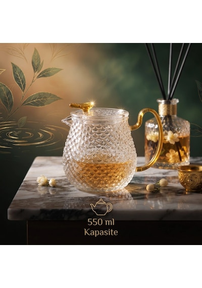 Özel Üretim Isıya Dayanıklı Altın Sarısı Kulplu Şık Tasarımlı Cam Demlik 550 Ml Borosilikat Cam Çok Renkli