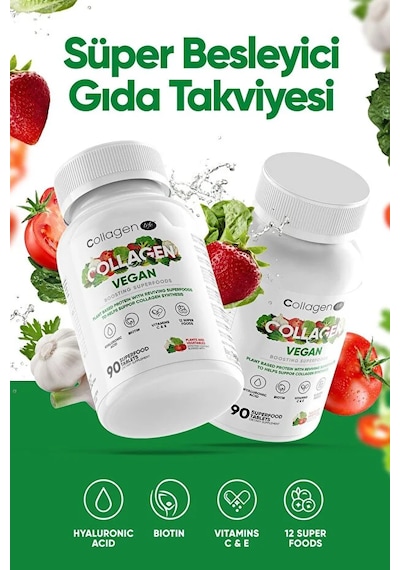 Collagen Life Biotin, Hyaluronic Acid, C Vitaminive Bitki Bazlı Vegan Kolajen Desteği 90 Tablet
