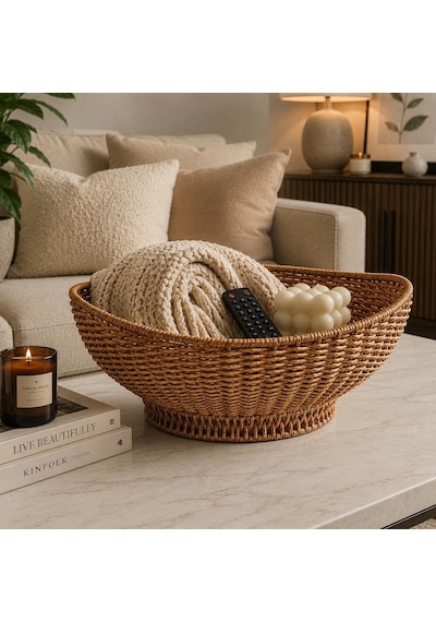 Rattan Oval Organizer Sepet Dekoratif Hasır Saklama Sepeti Çok Amaçlı Düzenleyici Meyve, Ekmek Ve Banyo Organ Diğer