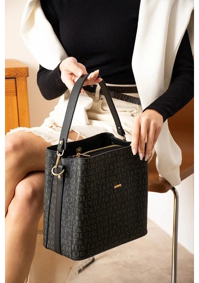 Just Polo Kadın Monogram Baskılı El Ve Omuz Çantası Ebat 25 X 25 Siyah