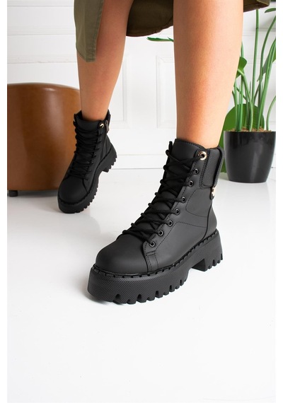 Shoetek Faustina Kadın Bot Bağçıklı Siyah Mat Deri Siyah