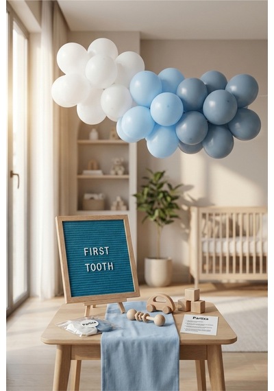 Diş Buğdayı Erkek Bebek Süsleme Classic Set Mavi Keçe Yazı Panosu Standlı Balon Zincirli Pompa İlk Dişim Parti Seti 1 - 12 Yaş