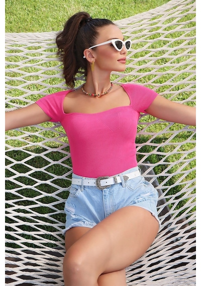 Aqe Fashion U Yaka Kısa Kol Fuşya FUŞYA