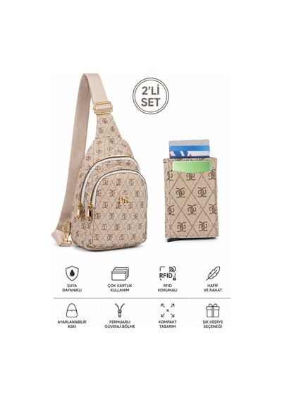 Newish Polo Kadın Deri Monogram Desenli Çapraz Bel Göğüs Ve Omuz Çantası New218 Bej-bej 53254602