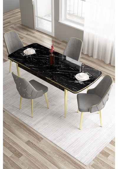 Canisa Tia Serisi, Siyah Mermer Desen 80x132 Açılabilir Mdf Yemek Odası Takımı 4 Gri Sandalye Gold Detay Masa Siyah Mermer Desen Sandalye Gri Canisa Tia Serisi, Siyah Mermer Desen 80x132 Açılabilir Mdf Yemek Odası Takımı 4 Gri Sandalye Gold Detay Masa Siyah Mermer Desen Sandalye Gri