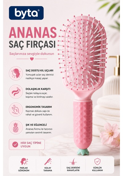 Ananas Tasarımlı Saç Fırçası Dolaşık Açıcı, Masaj Uçlu Ergonomik Saç Tarama Fırçası