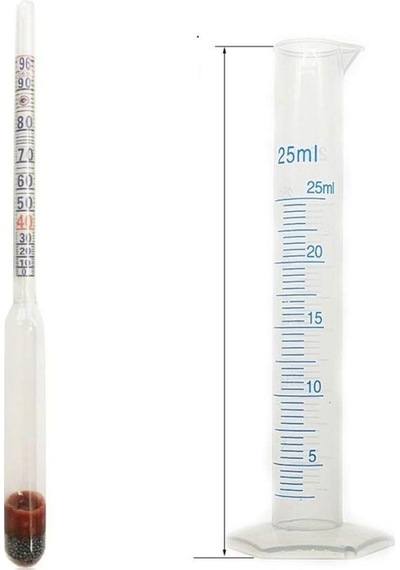 17cm Kısa Form Dansimetre 0-100 Derece Etil Alkol-su Karışımı Ölçüm Seti - 25ml Mezur