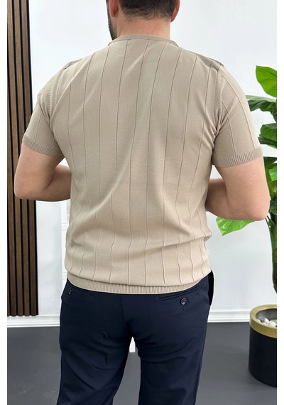 Erkek Bisiklet Yaka Çizgili Tişört Vizon Edw456 Vizon