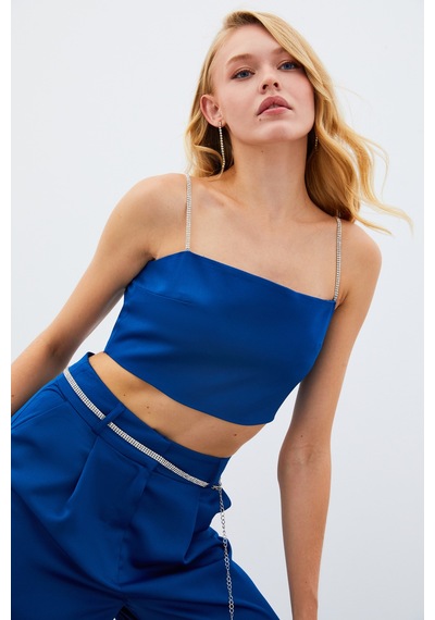 Sateen Taş Askılı Saten Crop Bluz - Mavi-134981 Mavi
