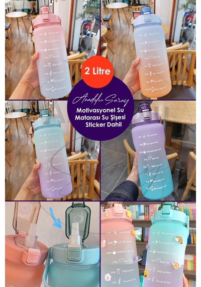 2 Litre Motivasyonel Su Matarası Su Şişesi Suluk Stickerlı 2000Ml