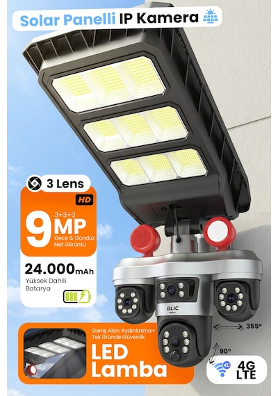 Blic Blm-102 4g Lte Wifi 13w Solar 3 Lens 9mp Dış Mekan Ip Kamera Güneş Panelli Kablosuz Güvenlik