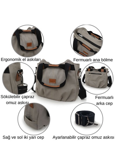 Cappadocia Vintage 3212 Demeter Kadın Omuz El Günlük Tote Cepli %100 Pamuk Kanvas Çapraz Çanta Açık Gri