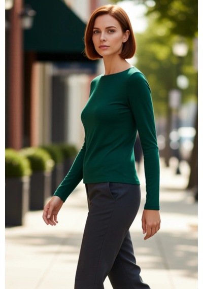 Frm Kadın Moda Şık Üst Giyim Crop Kayık Yaka Slim Kalıp Örme Pamuklu Zümrüt Yeşili