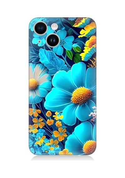 Apple Uyumlu iPhone 13 Silikon Kılıf Mavi Sarı Çiçekler
