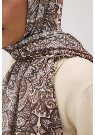 Mirsoy Scarf Eftelya Pamuk Etnik Desen Şal Kahverengi