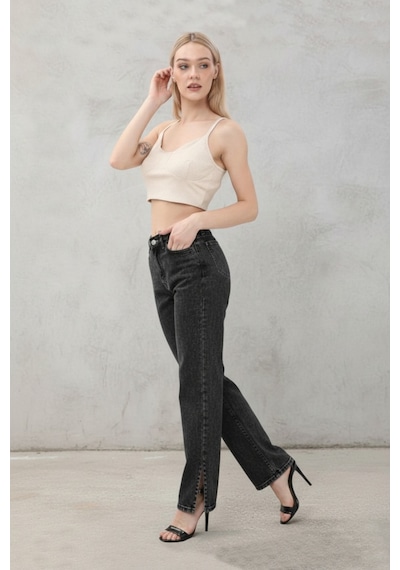 Kene Jeans Paça Yan Yırtmaç Füme Boyfriend Bol Paça Pantolon Füme