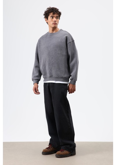 Vamos Basic Oversize Yıkamalı Sweatshirt Füme