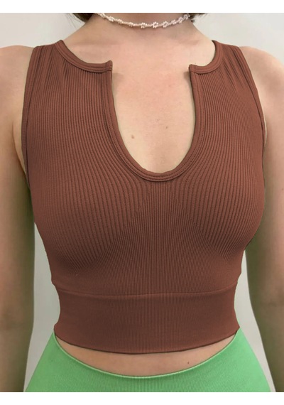 Mistirik Florio Model Seamless Örme Kumaş Sıkılaştırıcı Bluz Biker Crop Model Kahve Renk Kahve