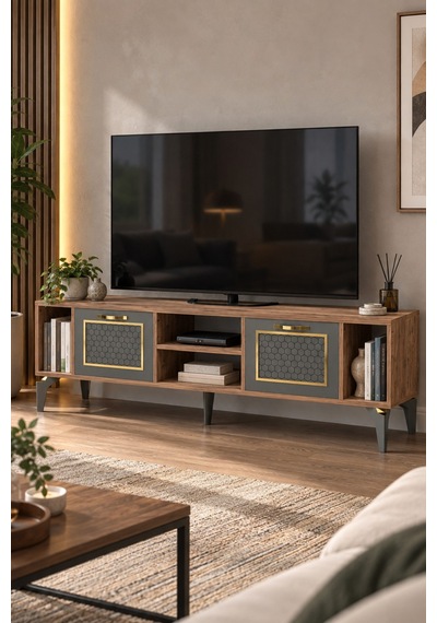 Sulorahome Kahverengi Ve Antrasit Kapaklı Tv Sehpası Altın - Antrasit - Ceviz