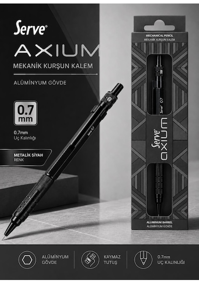 Serve Axium Mekanik Kurşun Kalem 0.7 Mm Alüminyum Gövde - Metalik Siyah Çok Renkli